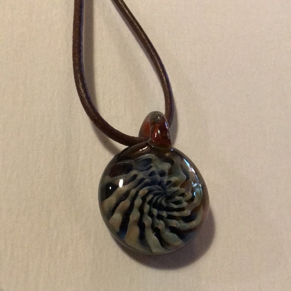 Blue and White Glass necklace on Brown Cord - Picture 1 of 10